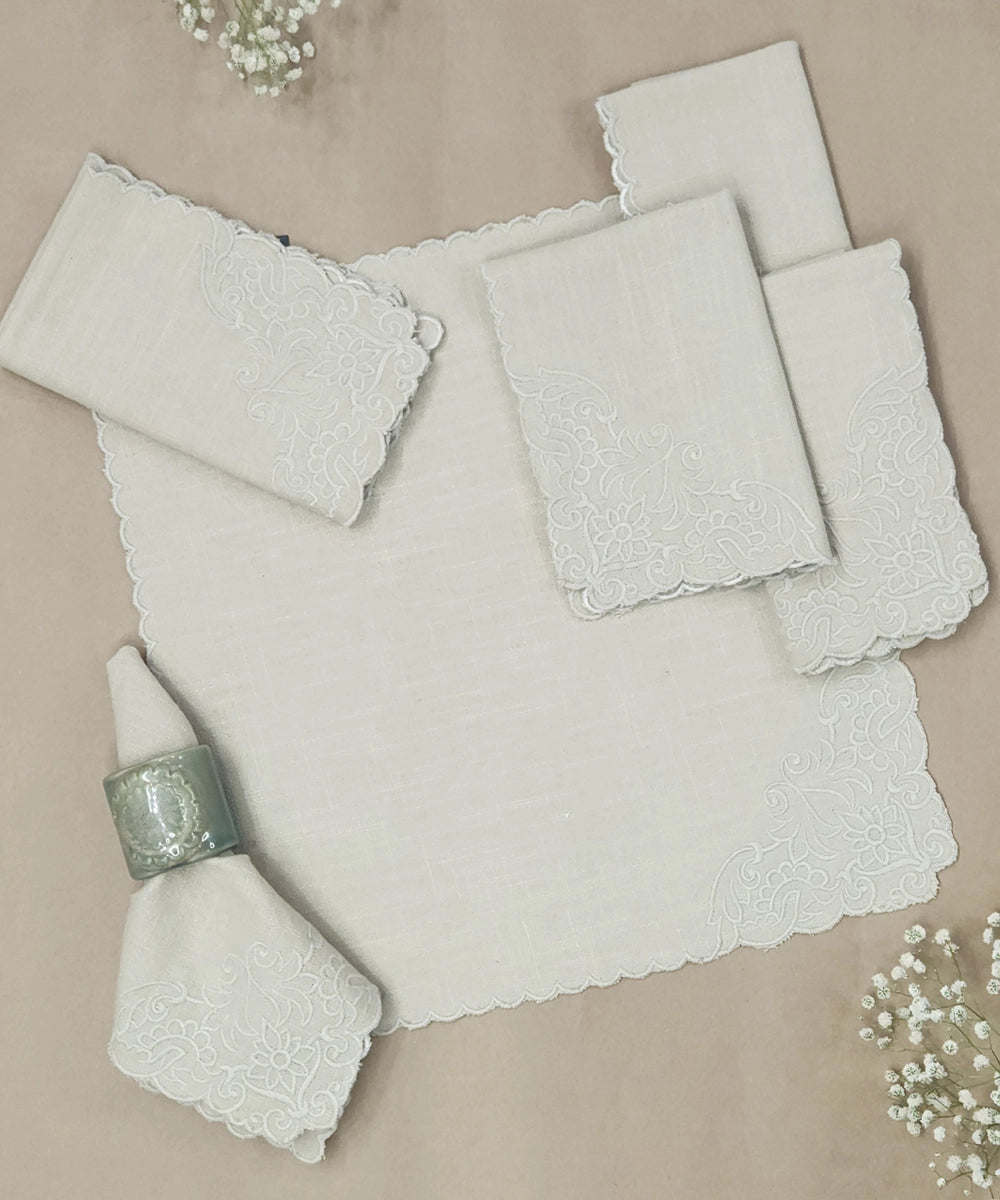 Set of 6 pcs Beige Cutwork Embroidered Cotton Slub Table Napkins (15"x15")