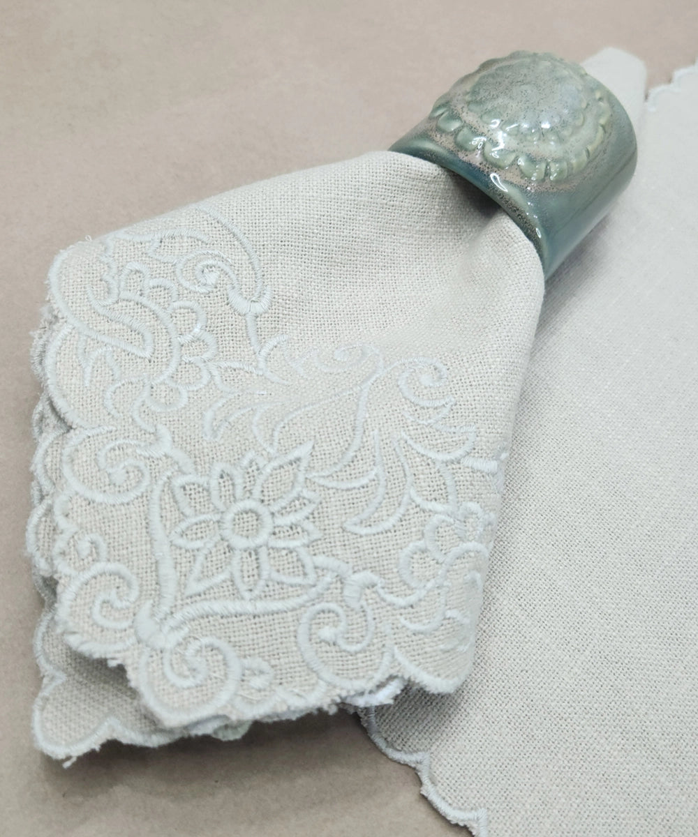 Set of 6 pcs Beige Cutwork Embroidered Cotton Slub Table Napkins (15"x15")