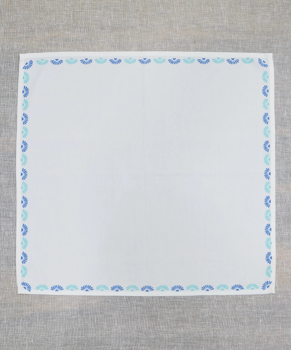 White with Blue & Aqua Floral Block Printed Cotton Table Napkin (Set of 4)