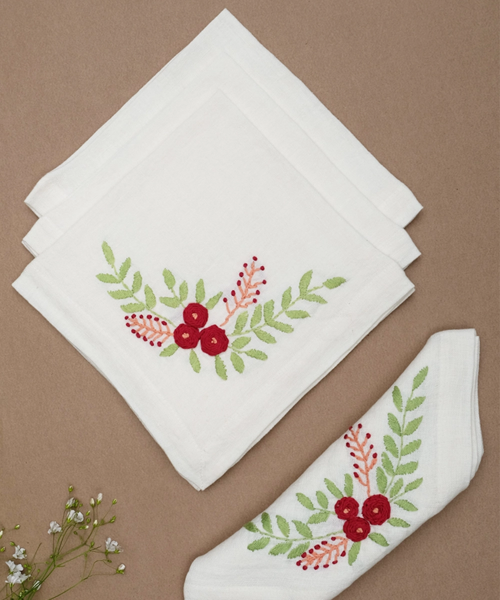 Cream with Multicolor Hand Embroidered Pure Linen Table Napkin (Set of 4)