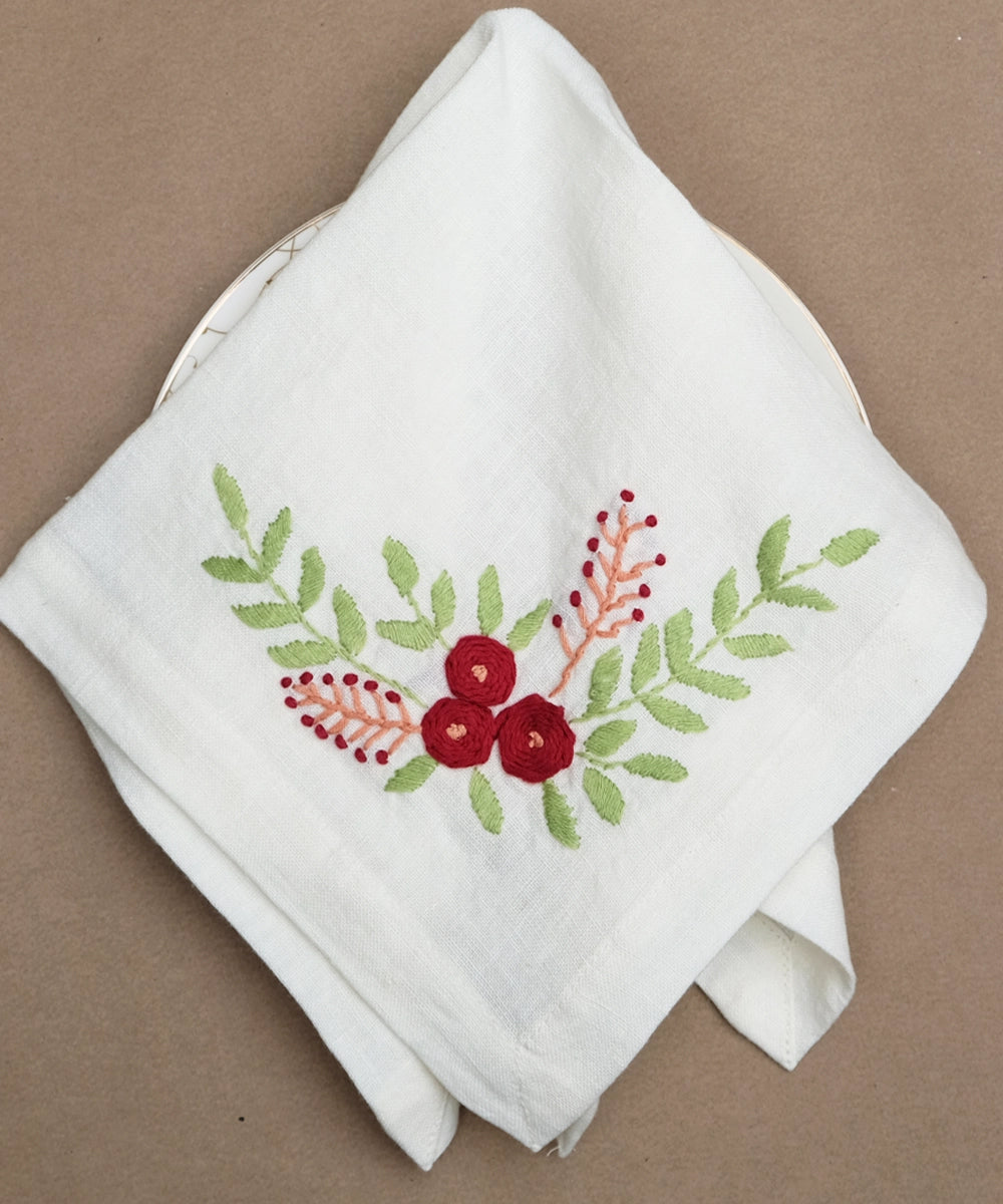 Cream with Multicolor Hand Embroidered Pure Linen Table Napkin (Set of 4)