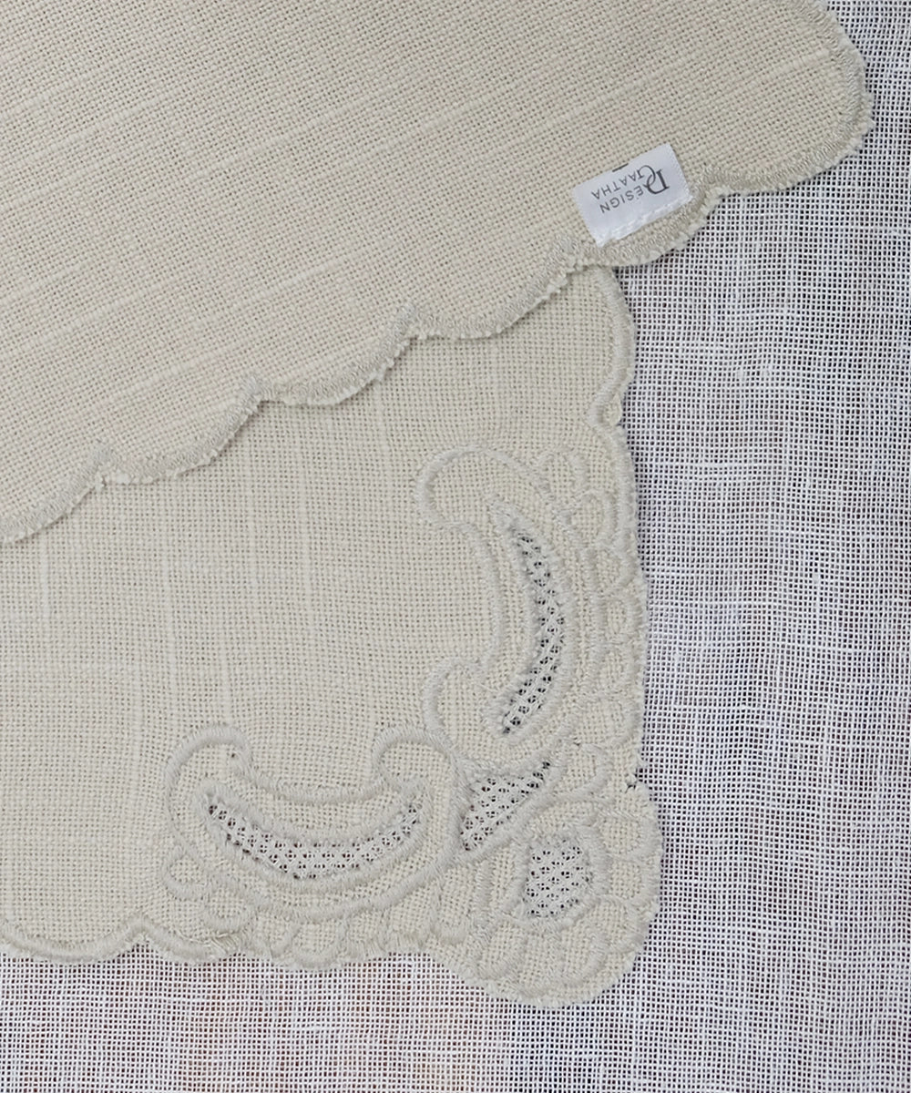 Set of 4 pcs Beige Cutwork Hand Scallop Embroidered Cotton Slub Table Napkins