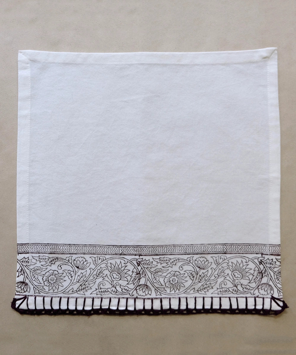 Set of 6 pcs Off White & Brown Cotton Block Printed with Crochet Hand Embroidery Table Napkin (14.5" x 14.5")