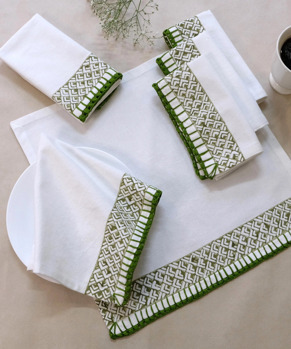 Olive Block Print Table Linen Gift Set | 1 Runner + 6 Mats + 6 Napkins