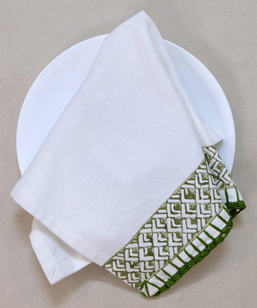 Set of 6 pcs Off White & Olive Cotton Block Printed with Crochet Hand Embroidery Table Napkin (14.5" x 14.5")