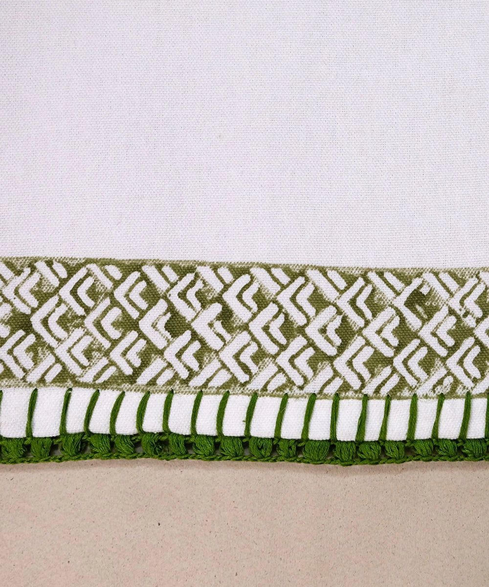 Set of 6 pcs Off White & Olive Cotton Block Printed with Crochet Hand Embroidery Table Napkin (14.5" x 14.5")
