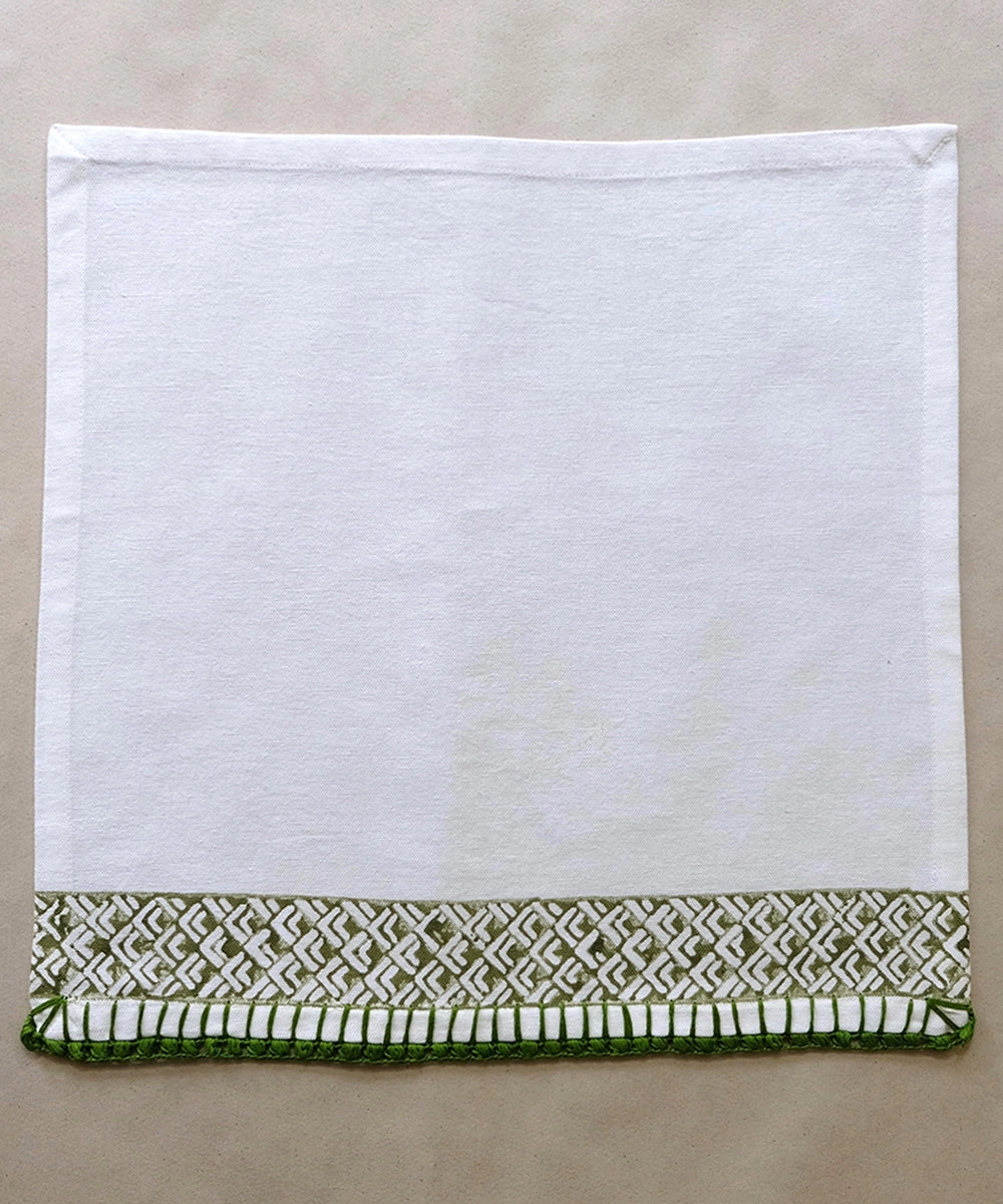 Set of 6 pcs Off White & Olive Cotton Block Printed with Crochet Hand Embroidery Table Napkin (14.5" x 14.5")