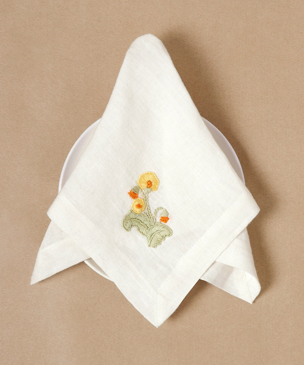 Set of 4 pcs Cream with Yellow & Green Floral Hand Embroidered Pure Linen Table Napkin (16" x 16")