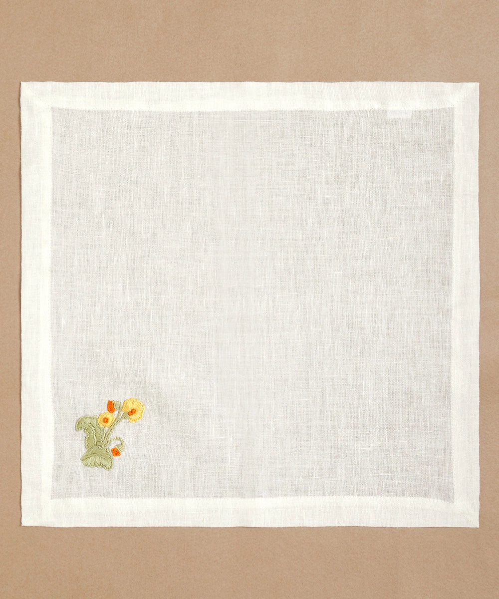 Set of 4 pcs Cream with Yellow & Green Floral Hand Embroidered Pure Linen Table Napkin (16" x 16")