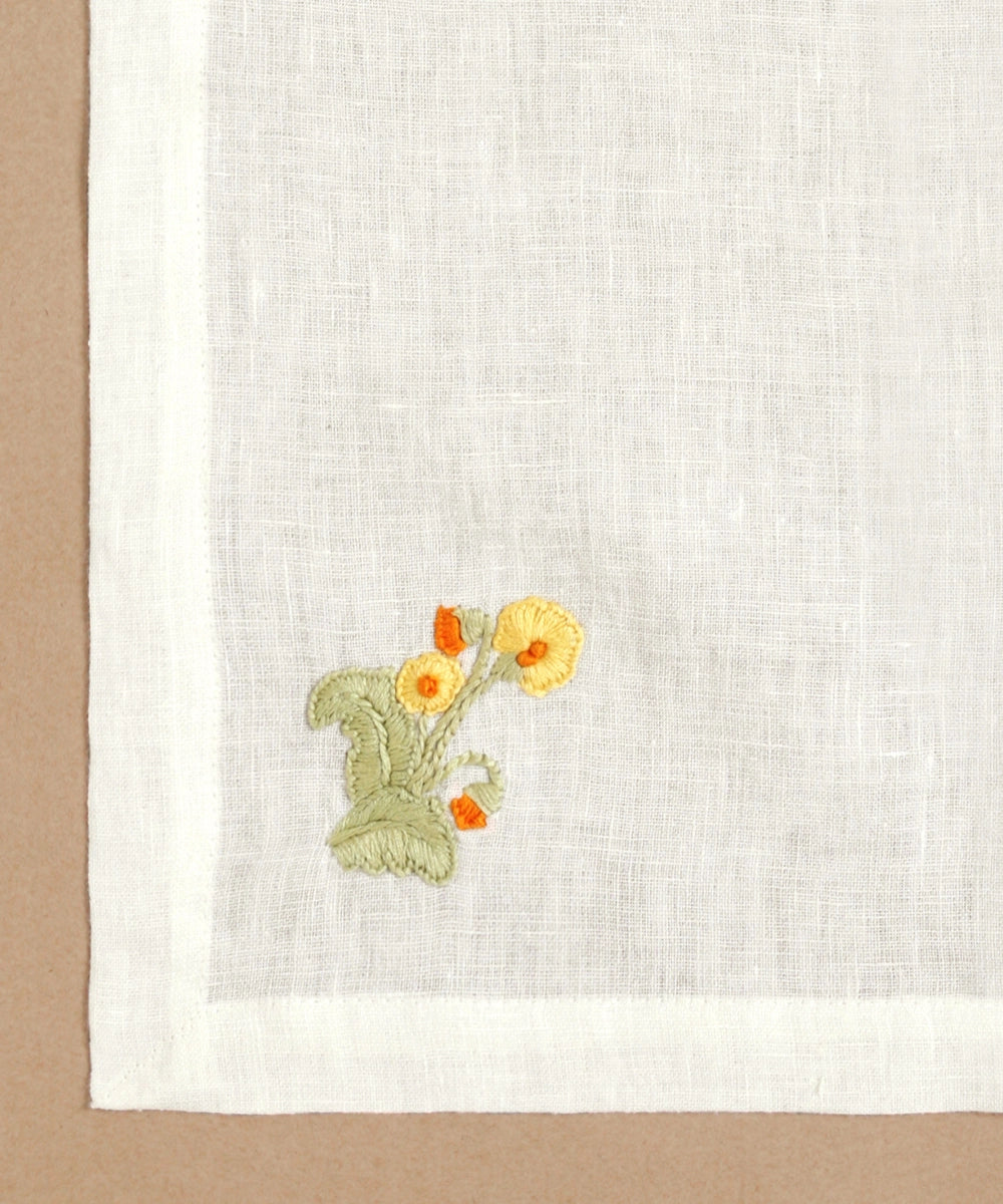 Set of 4 pcs Cream with Yellow & Green Floral Hand Embroidered Pure Linen Table Napkin (16" x 16")