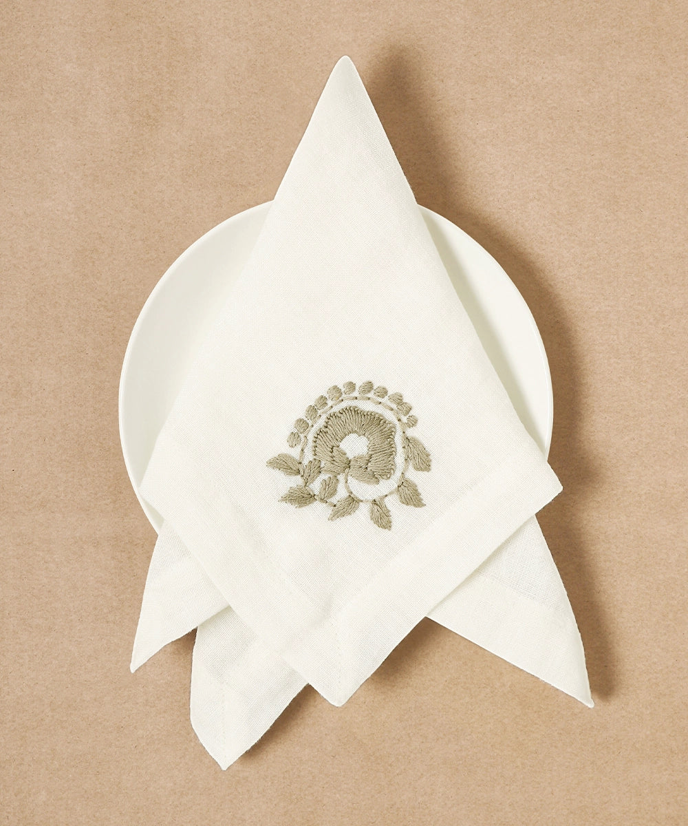 Set of 4 pcs Cream with Grey Floral Hand Embroidered Pure Linen Table Napkin (16" x 16")