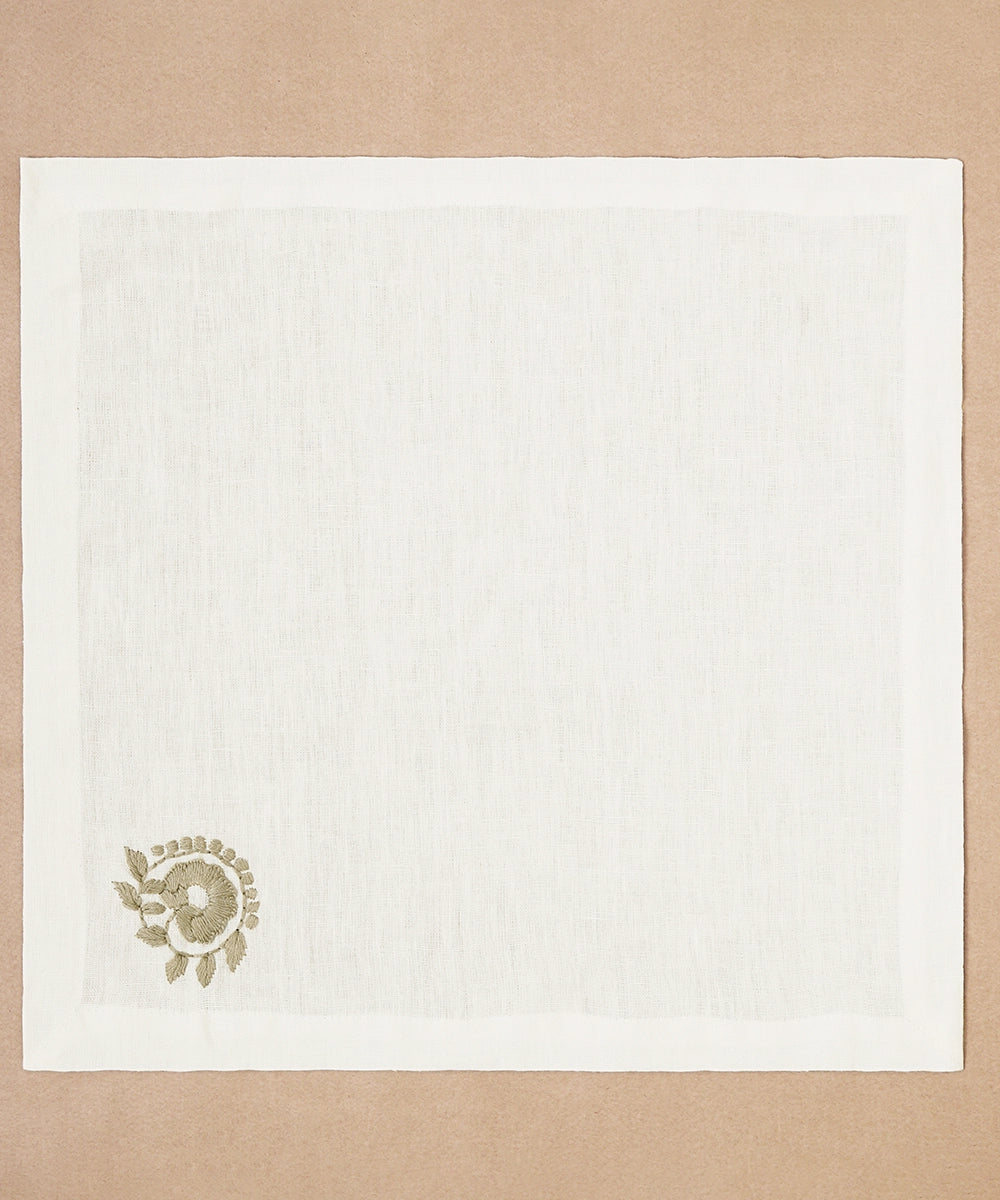 Set of 4 pcs Cream with Grey Floral Hand Embroidered Pure Linen Table Napkin (16" x 16")