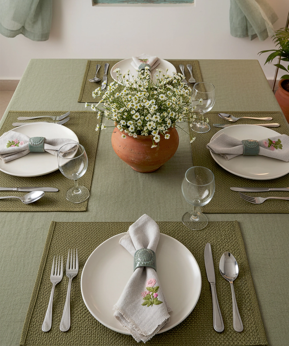 Set of 4 pcs Natural Grey with Peach Floral Hand Embroidered Pure Linen Table Napkin