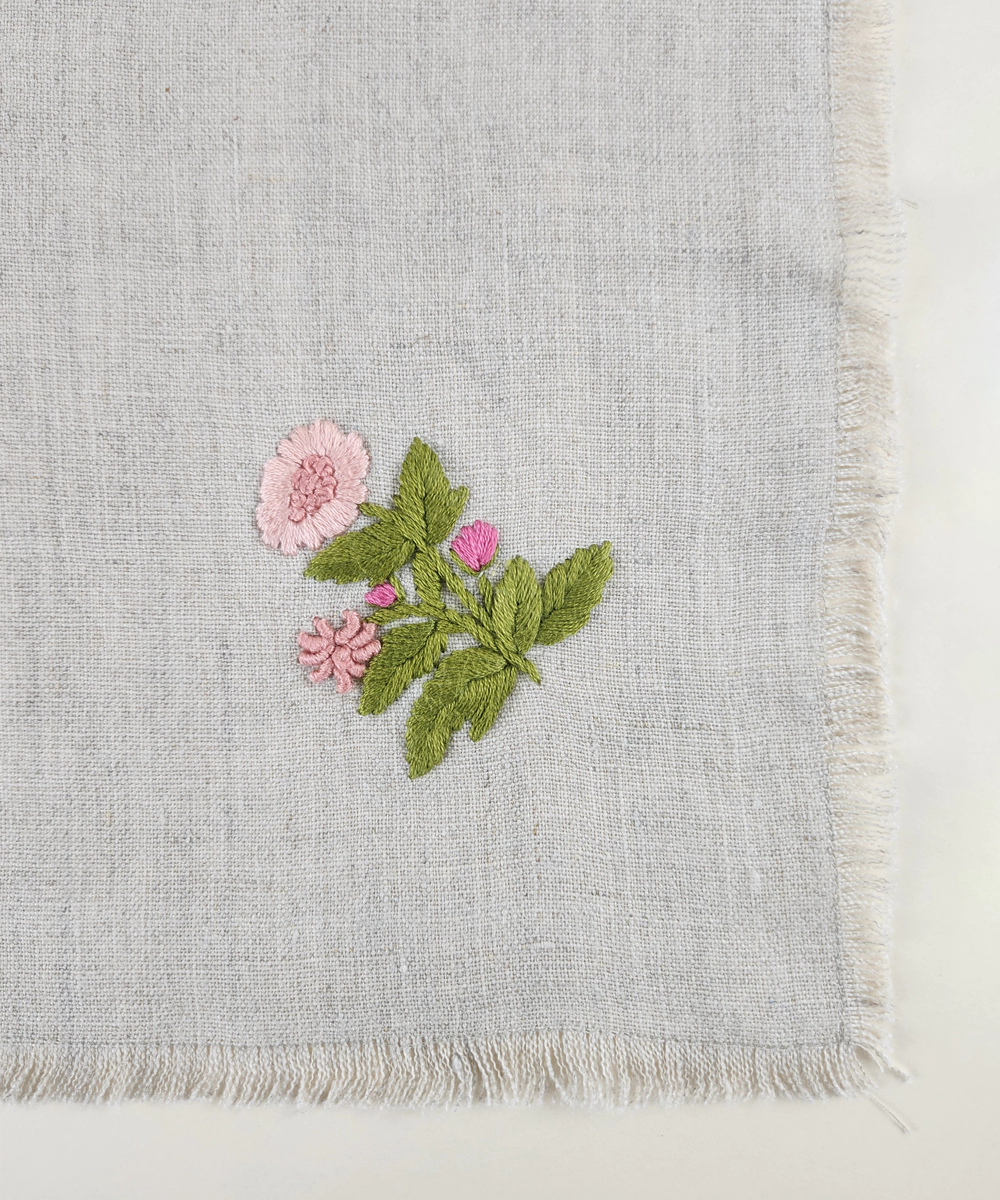 Set of 4 pcs Natural Grey with Peach Floral Hand Embroidered Pure Linen Table Napkin