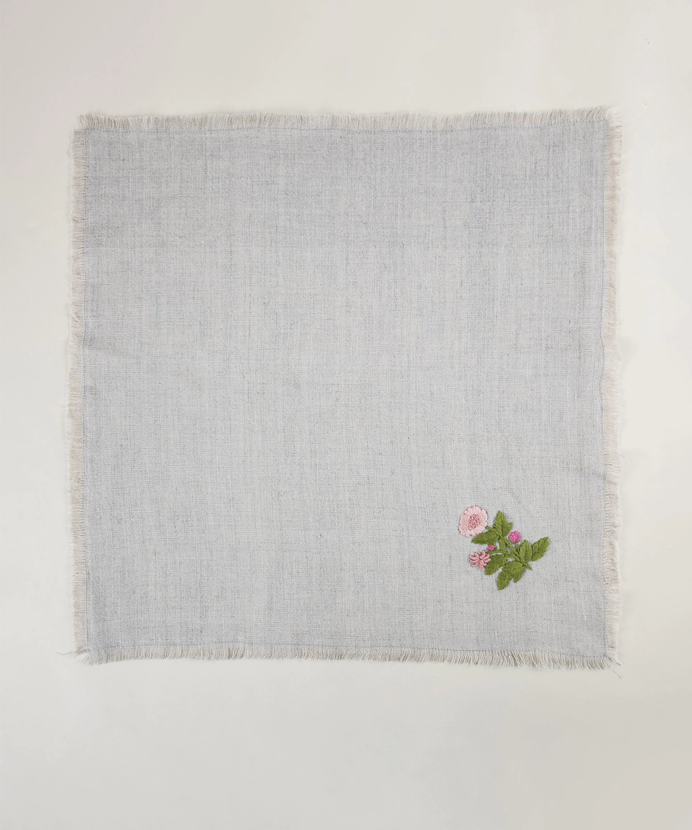 Set of 4 pcs Natural Grey with Peach Floral Hand Embroidered Pure Linen Table Napkin
