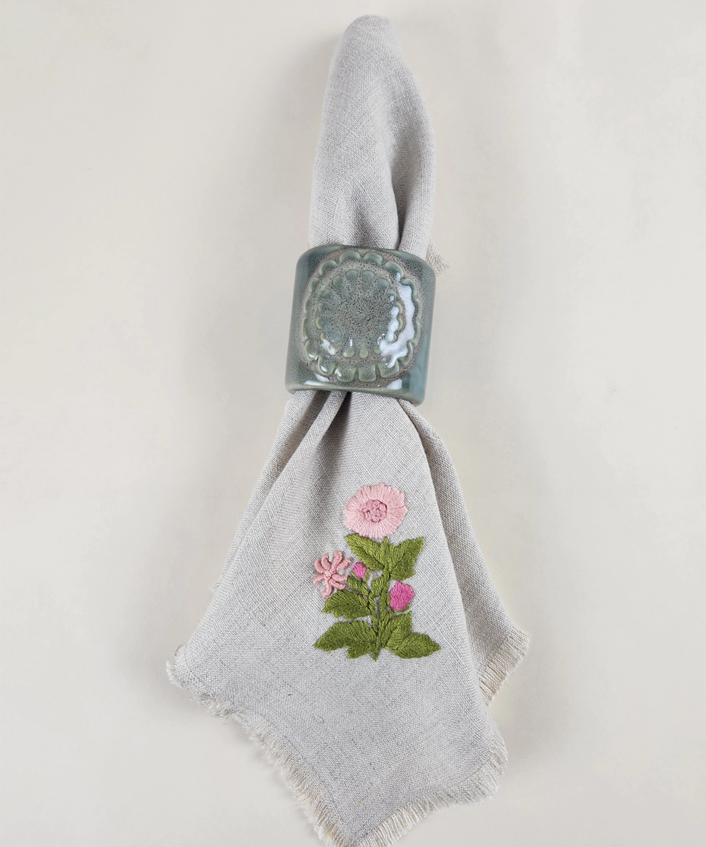 Set of 4 pcs Natural Grey with Peach Floral Hand Embroidered Pure Linen Table Napkin