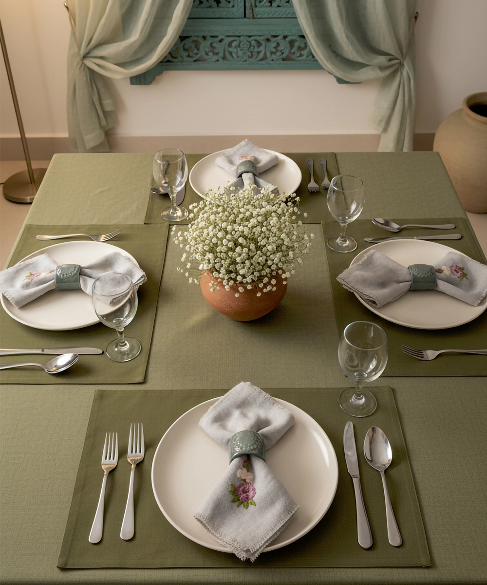 Set of 4 pcs Natural Grey with Pink Floral Hand Embroidered Pure Linen Table Napkin
