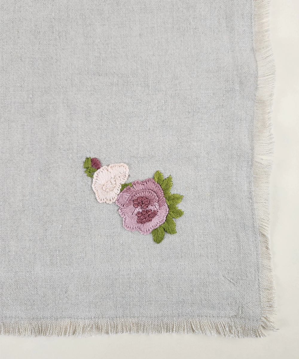 Set of 4 pcs Natural Grey with Pink Floral Hand Embroidered Pure Linen Table Napkin
