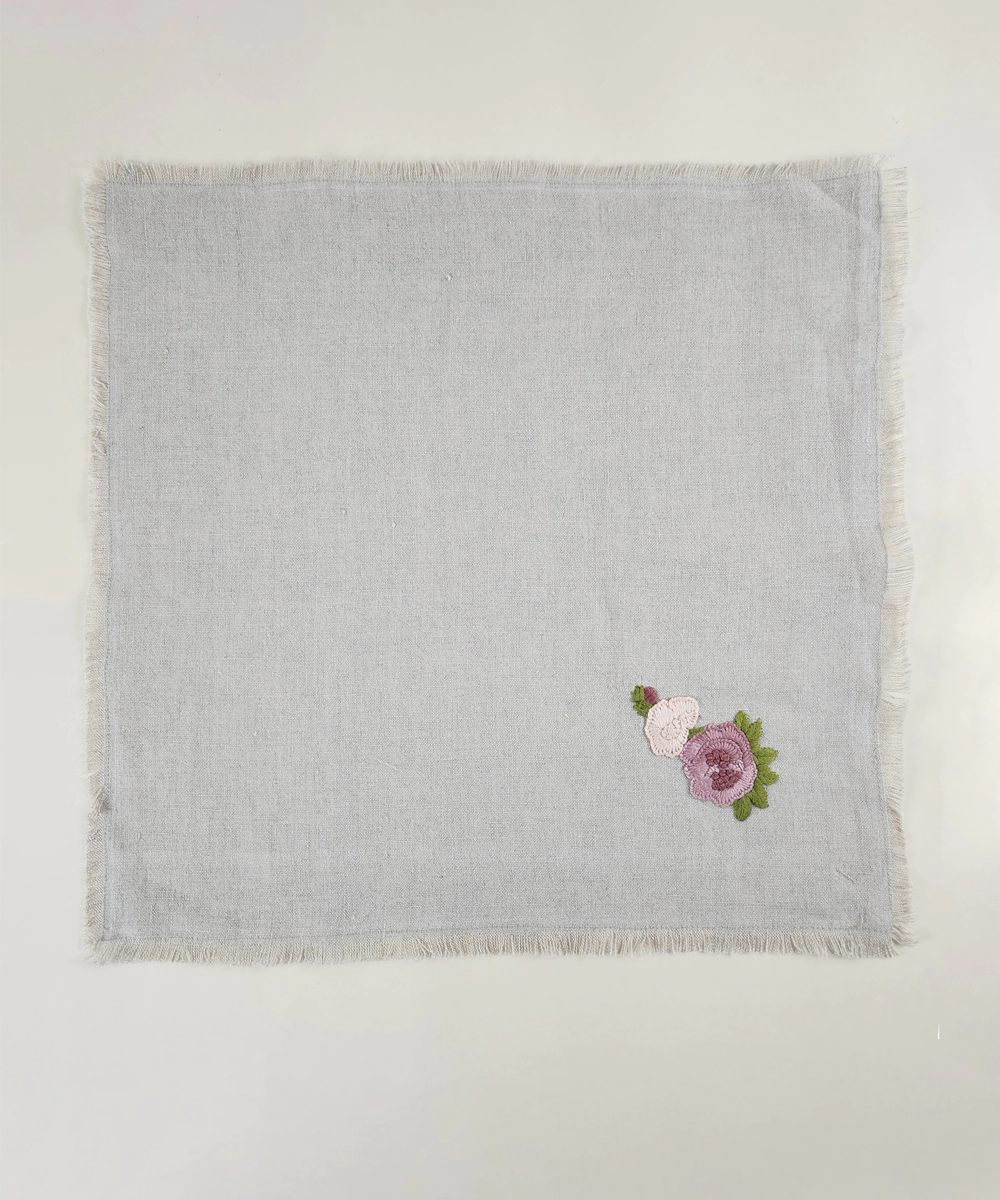 Set of 4 pcs Natural Grey with Pink Floral Hand Embroidered Pure Linen Table Napkin