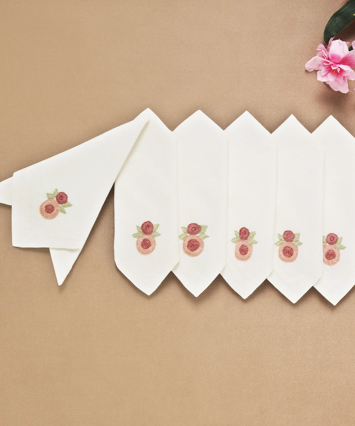 Set of 6 pcs Cream & Pink Floral Hand Embroidered Cotton Table Napkin (16" x 16")