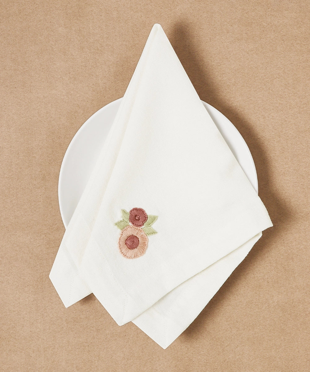 Set of 6 pcs Cream & Pink Floral Hand Embroidered Cotton Table Napkin (16" x 16")