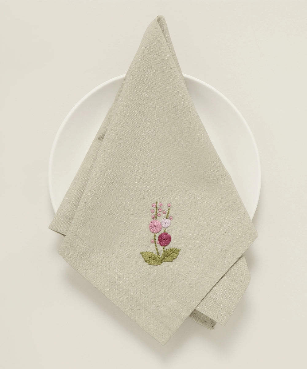 Set of 6 pcs Beige & Purple Floral Hand Embroidered Cotton Table Napkin (16" x 16")
