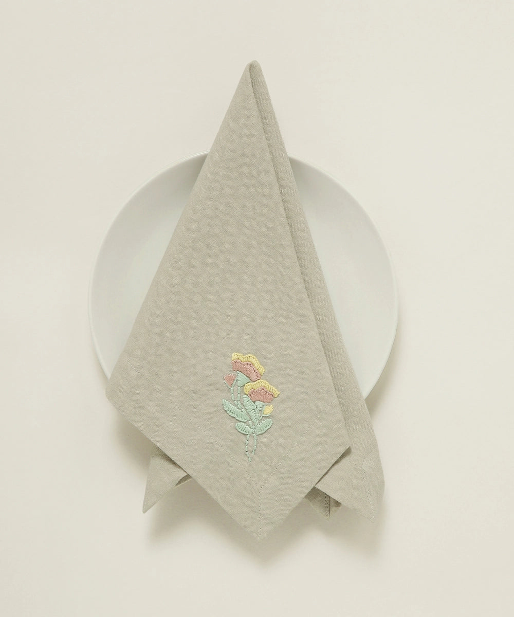 Set of 6 pcs Beige & Pink Floral Hand Embroidered Cotton Table Napkin (16" x 16")