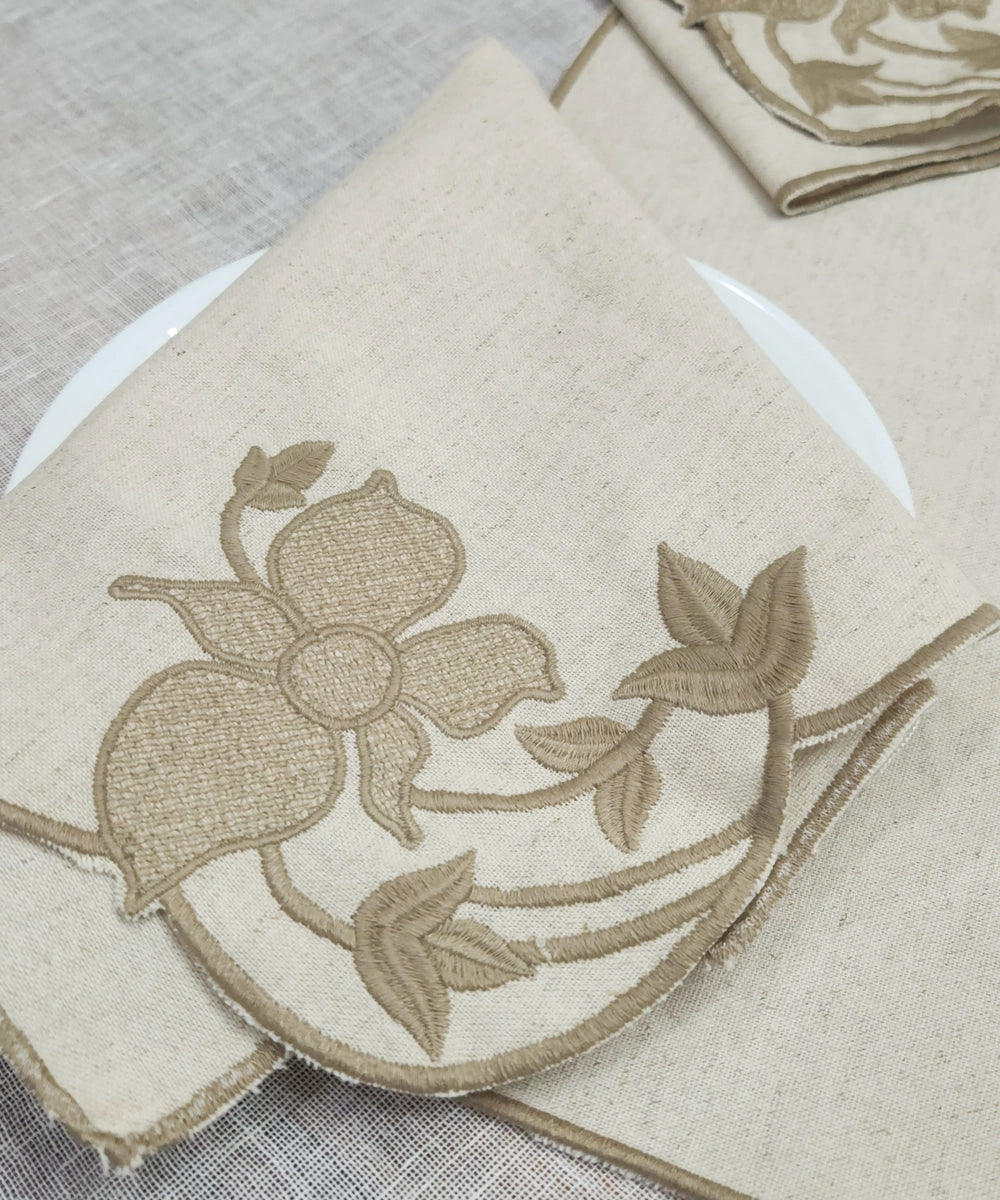 Set of 6 pcs Cream Embroidered Cotton Linen Cutwork Table Napkins (16"x16")