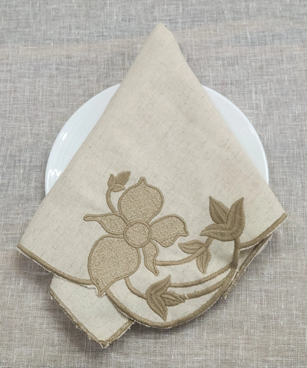 Set of 6 pcs Cream Embroidered Cotton Linen Cutwork Table Napkins (16"x16")