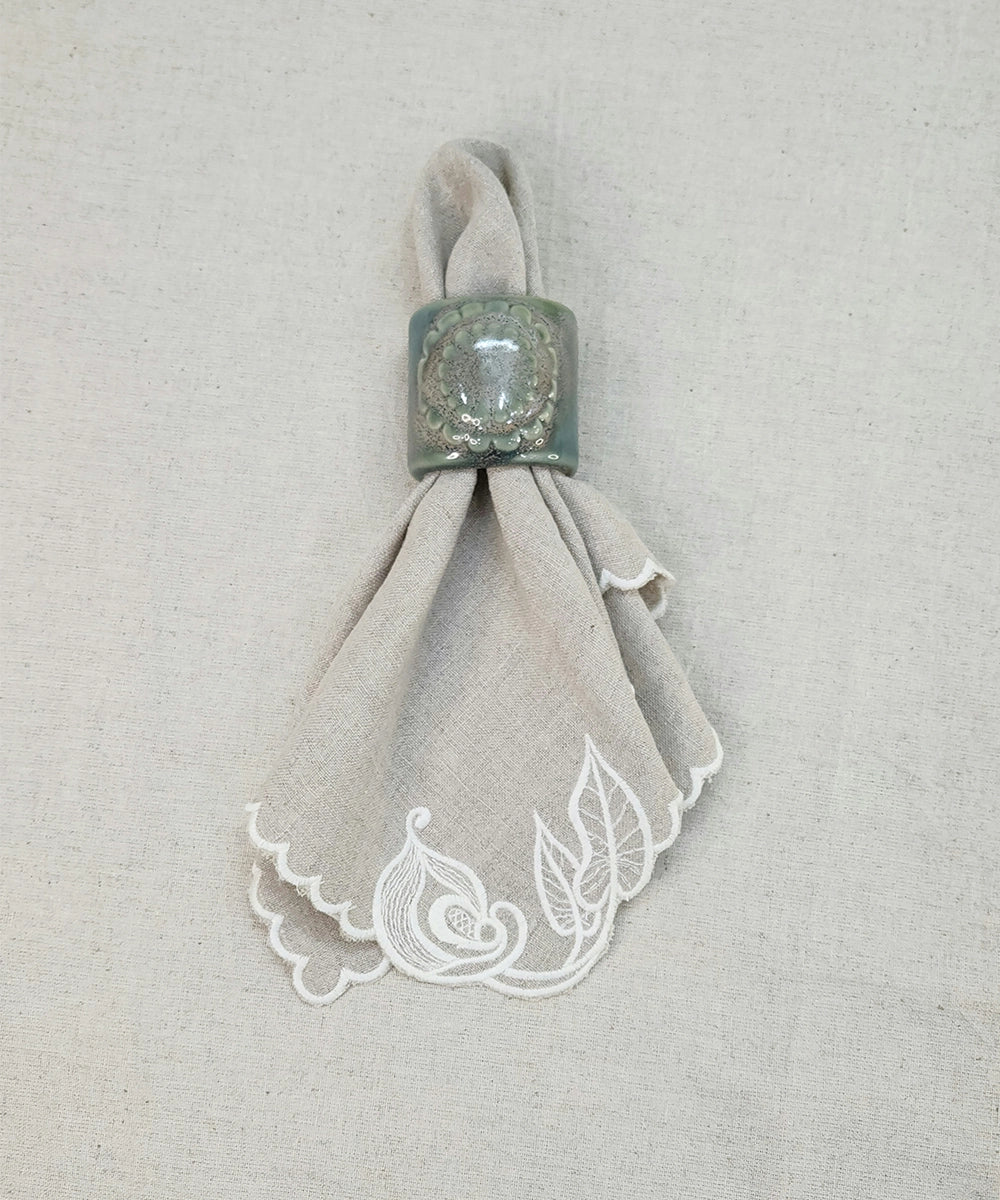 Set of 6 pcs Natural Beige Embroidery with Cutwork Pure Linen Table Napkin (16"x16")