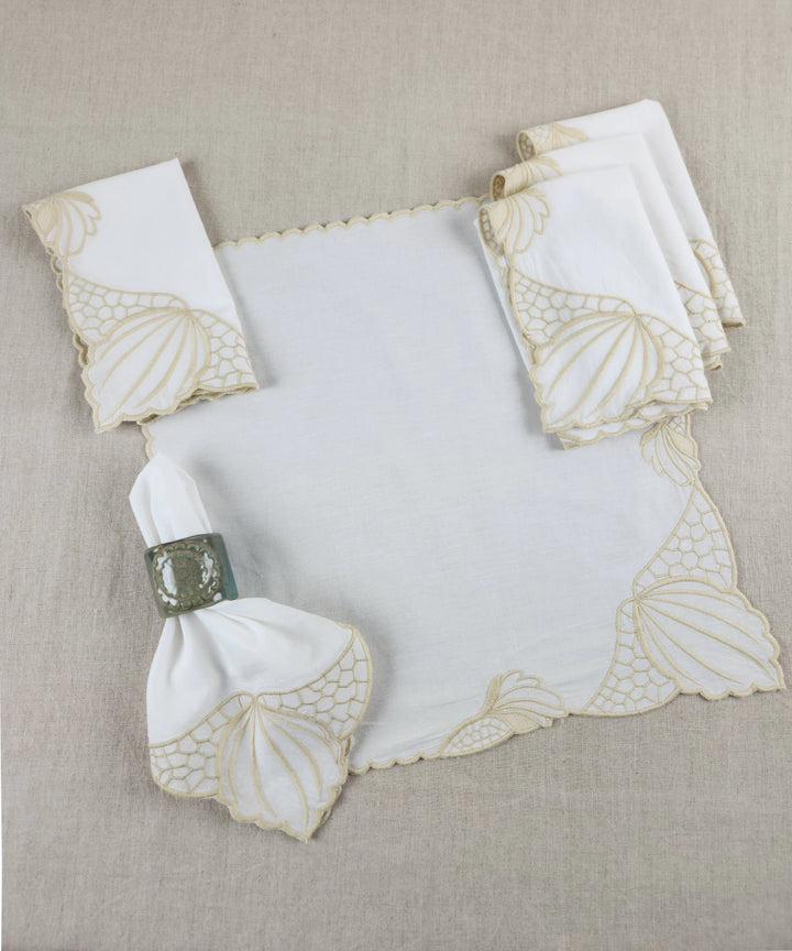 Set of 6 pcs Off White Embroidered Cotton Cambric Cutwork Table Napkins (16.5"x17.5")
