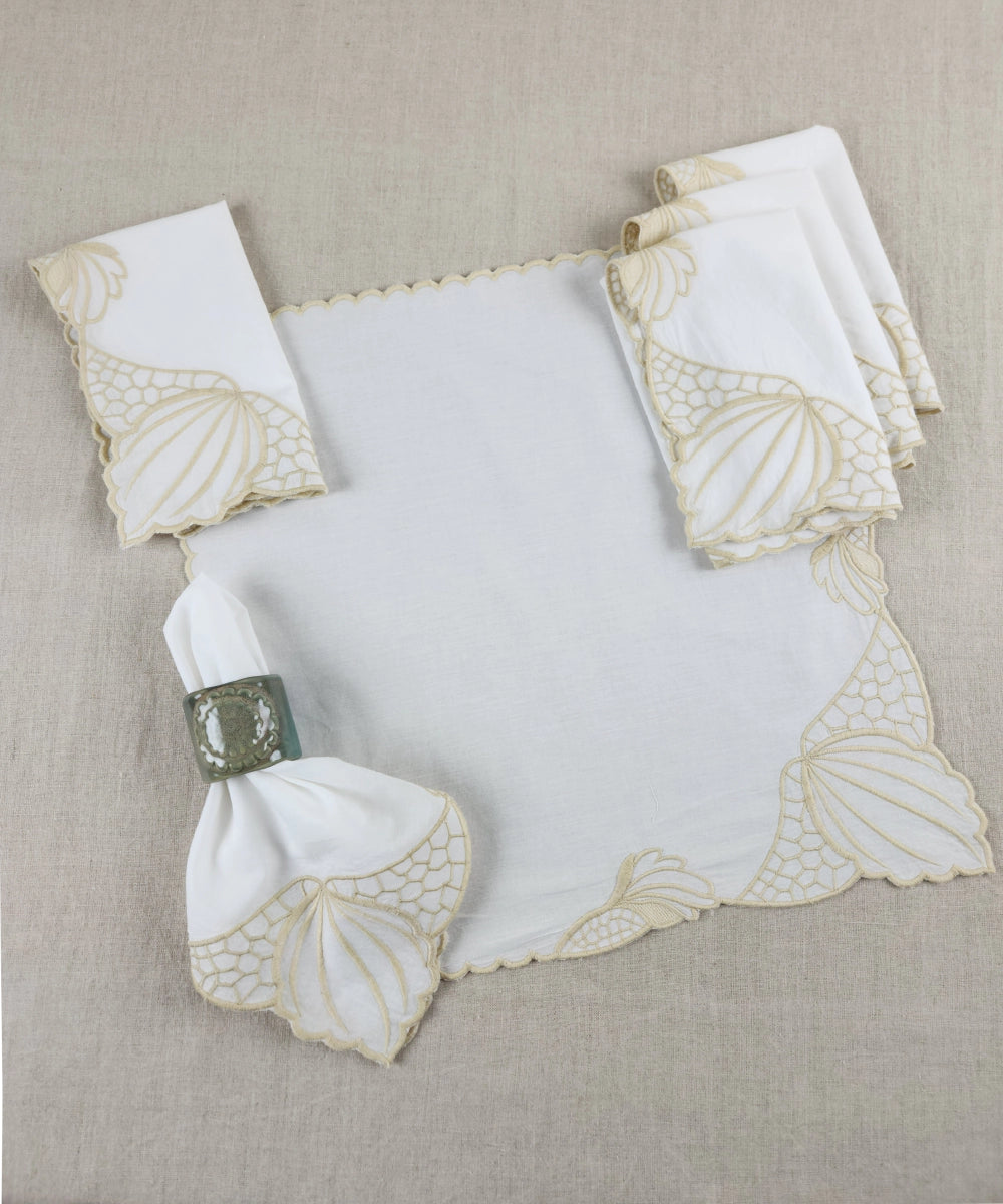 Set of 6 Beige Cotton Slub Table Mats & Table Napkins with Embroidery and Cutwork