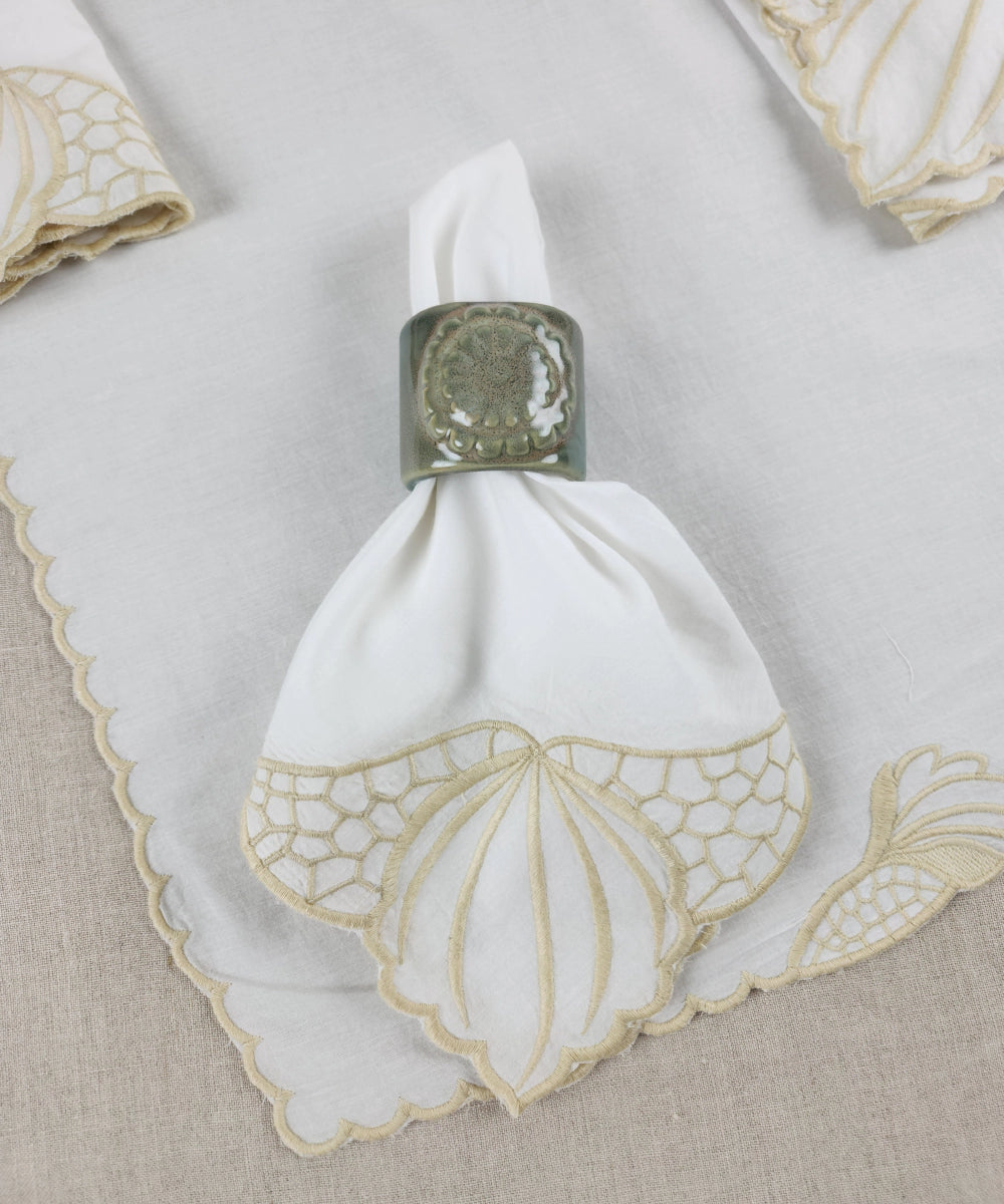 Set of 6 Beige Cotton Slub Table Mats & Table Napkins with Embroidery and Cutwork