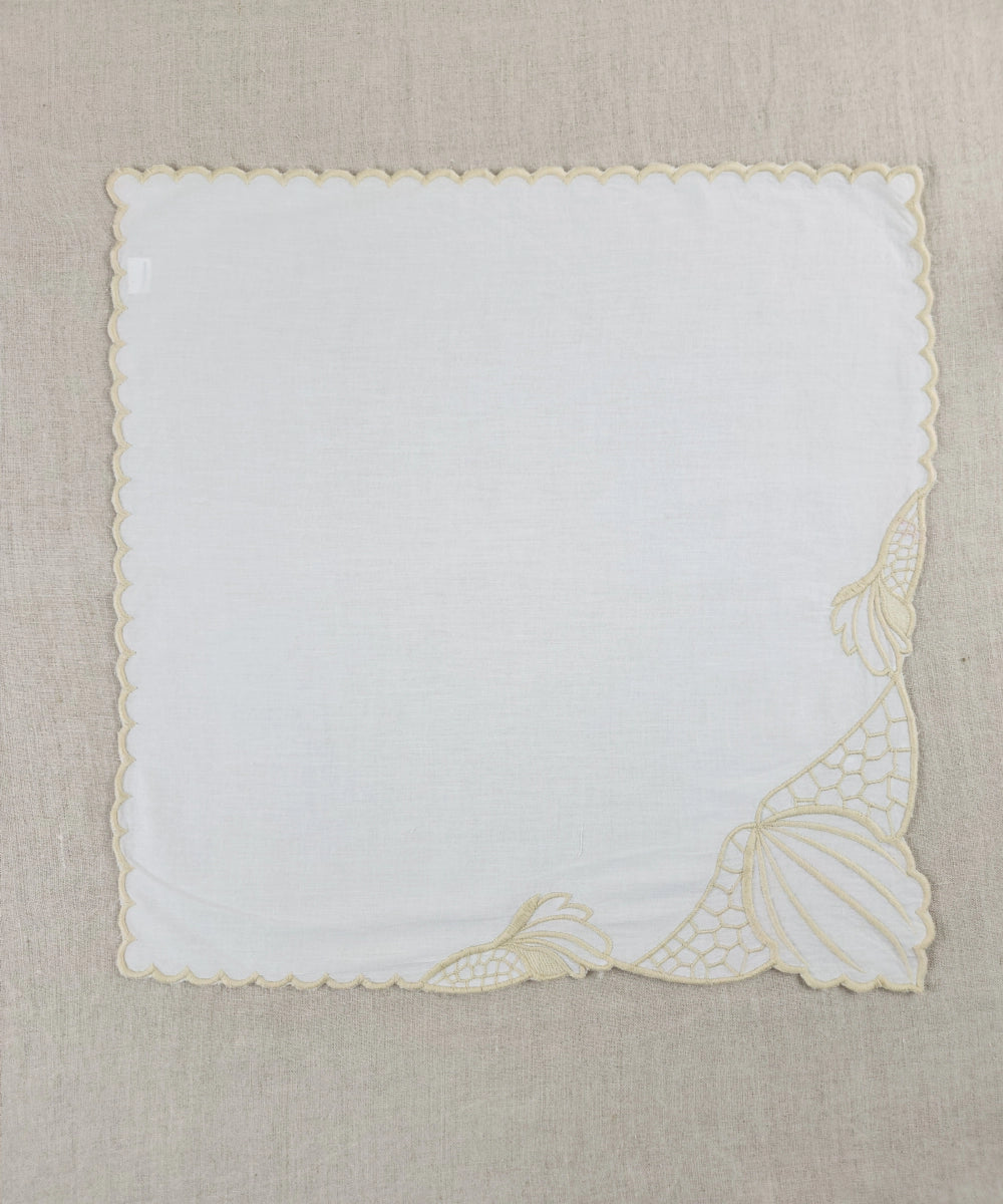 Set of 6 pcs Off White Embroidered Cotton Cambric Cutwork Table Napkins (16.5"x17.5")