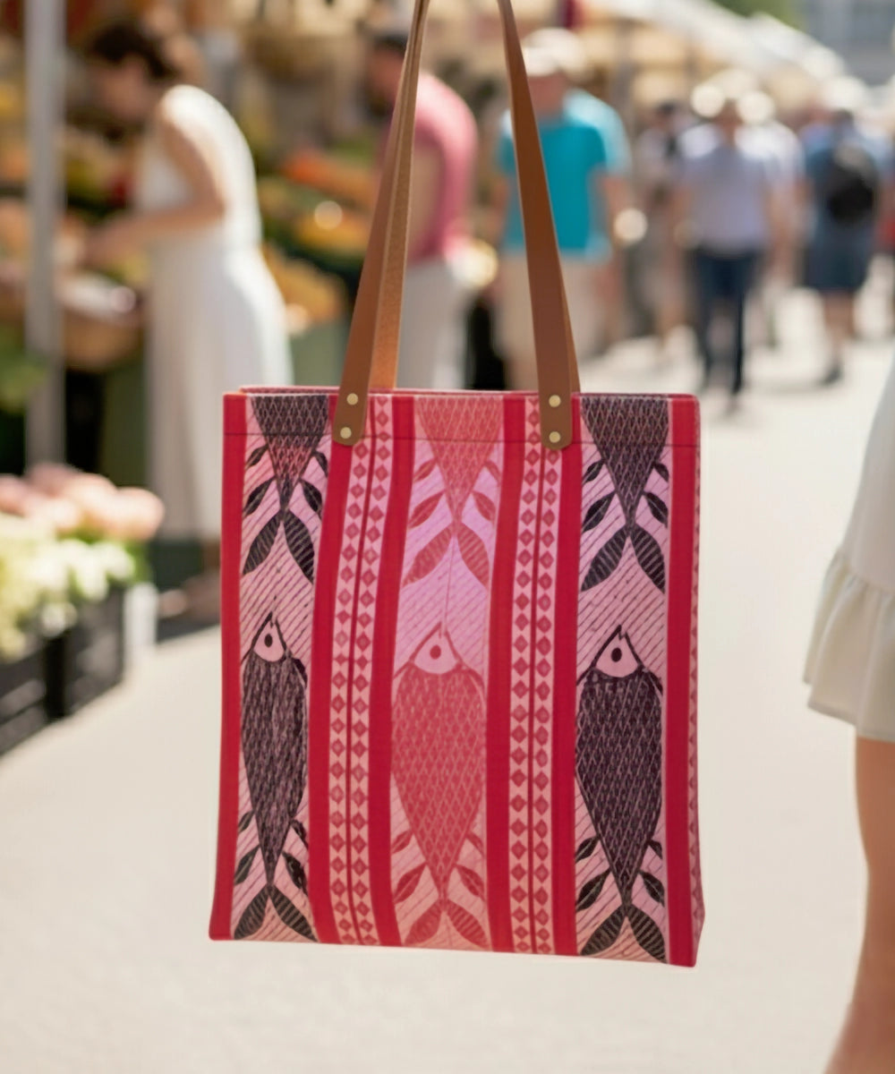 Handloom Fish with Cotton Canvas Tote Bag | Leather Handle