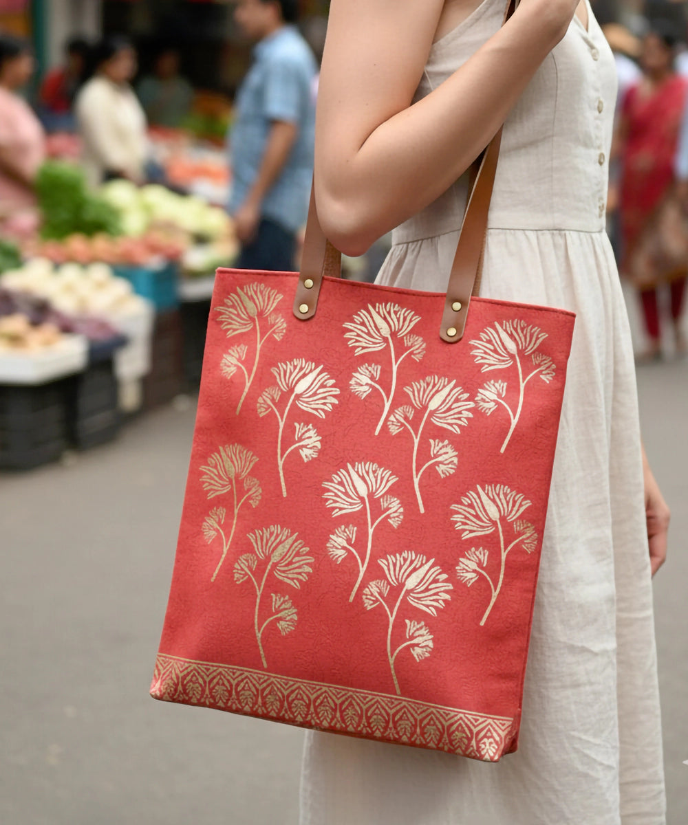 Burnt Orange with Golden Hand Block Printed Canvas Tote Bag | Leather Handle