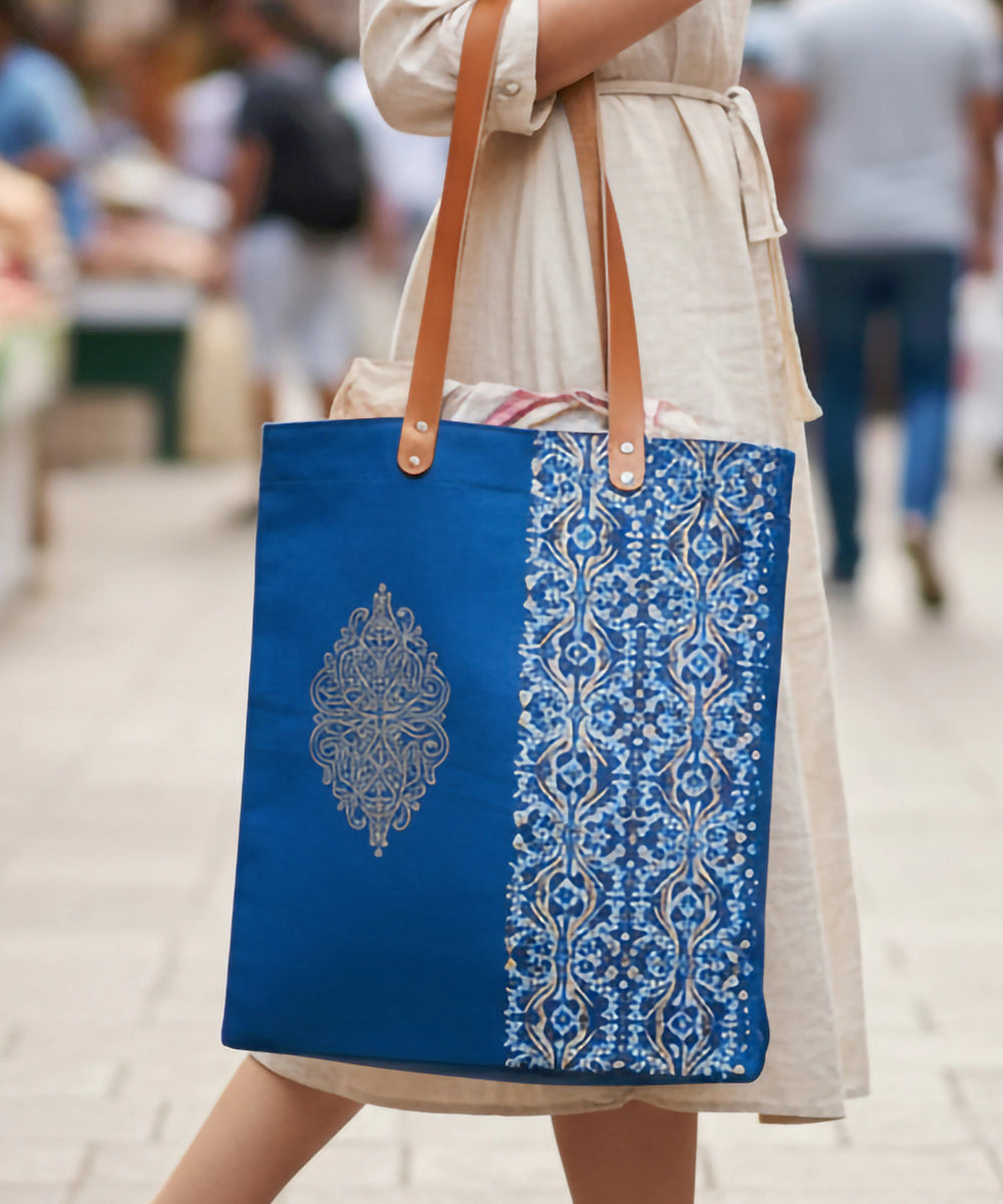 Teal with Golden Hand Block Printed Canvas Tote Bag | Leather Handle