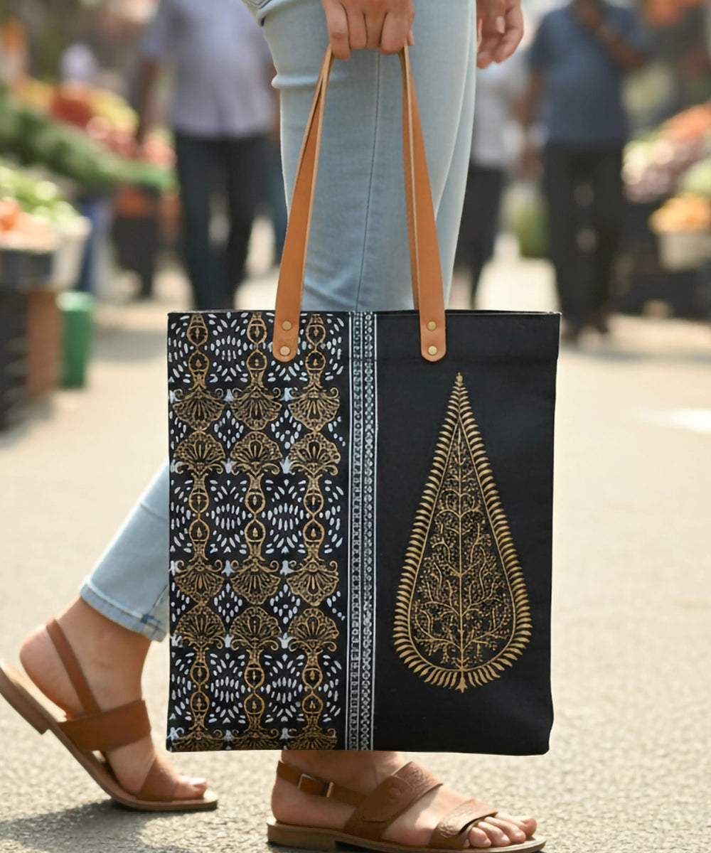 Black with Golden Hand Block Printed Canvas Tote Bag | Leather Handle