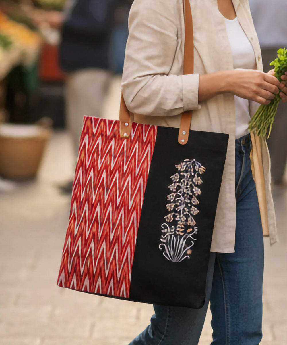 Black with Golden & Red Ikat Hand Block Printed Canvas Tote Bag | Leather Handle