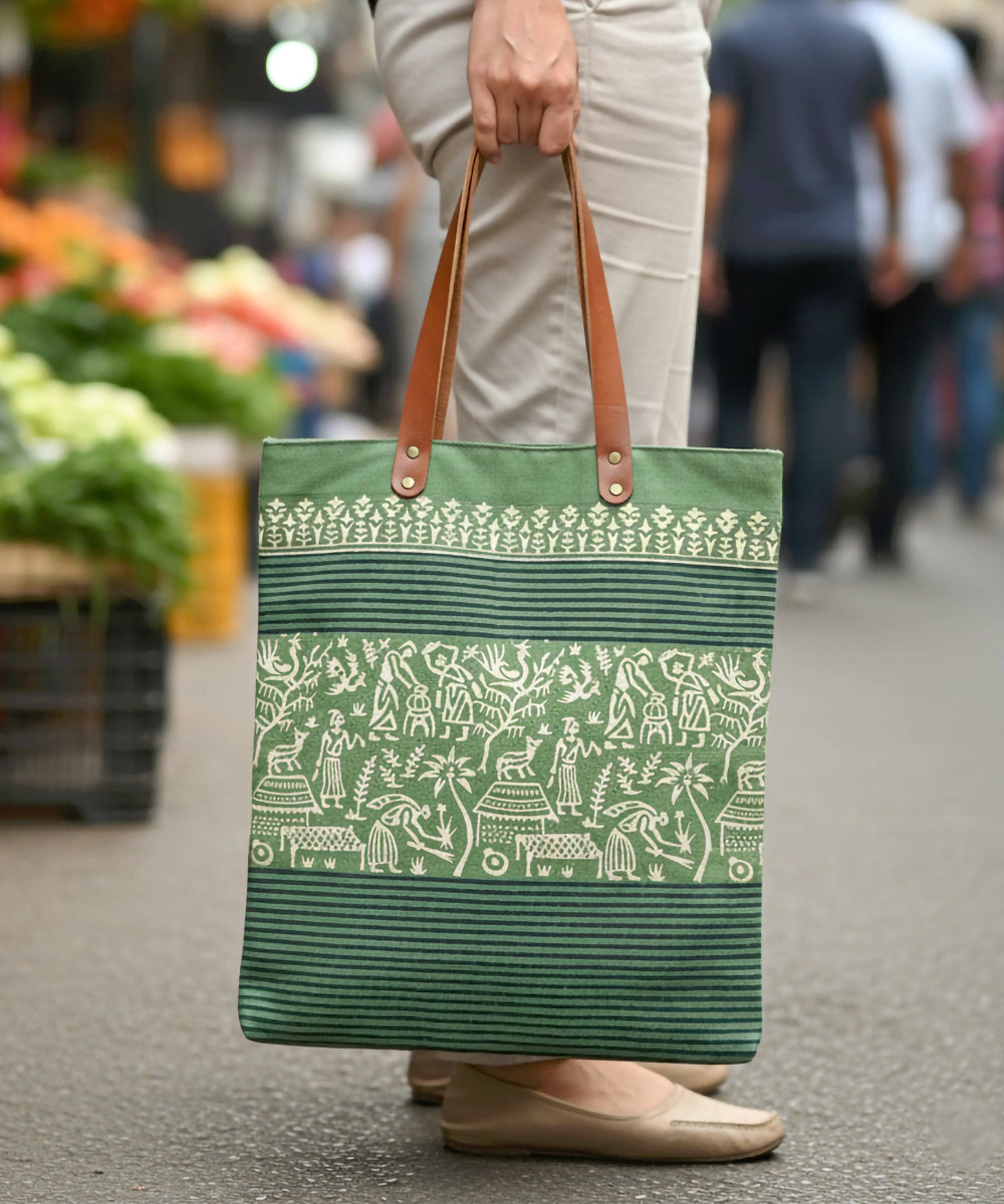 Olive with Golden & Navy Hand Block Printed Canvas Tote Bag | Leather Handle