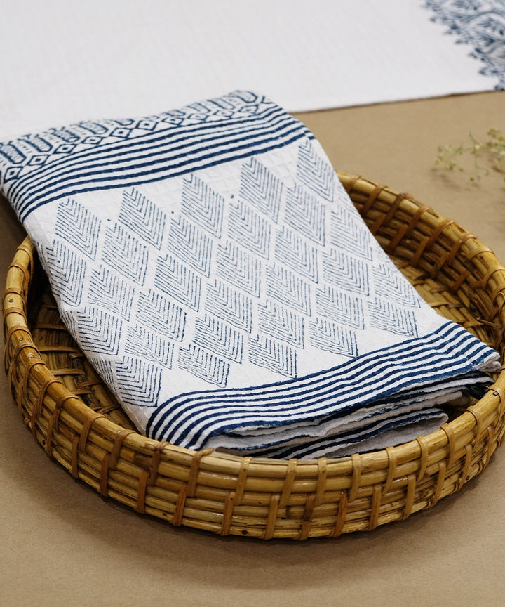 White & Indigo Geometric Hand Block Printed Cotton Honey Comb Bath Towel (34"x58")