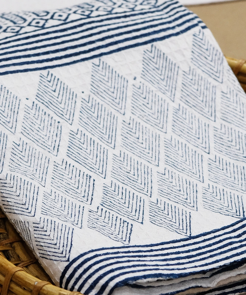 Block Printed Bath Towel | White & Indigo Geometric Cotton HoneyComb Waffle