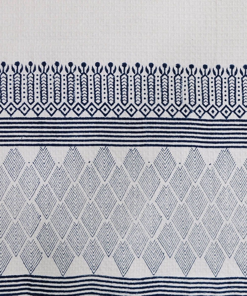 Block Printed Bath Towel | White & Indigo Geometric Cotton HoneyComb Waffle