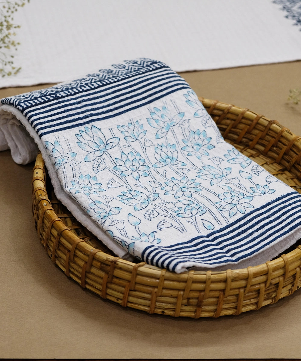 Block Printed Bath Towel | White & Indigo Lotus | Cotton Dobby