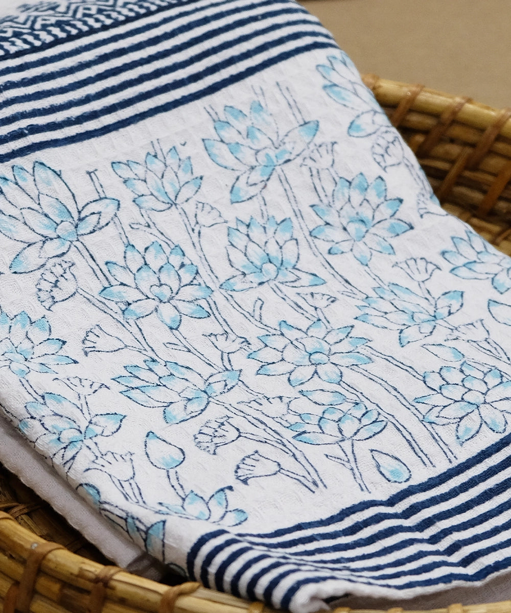 White & Indigo Lotus Hand Block Printed Cotton Honey Comb Bath Towel (34" x 58")
