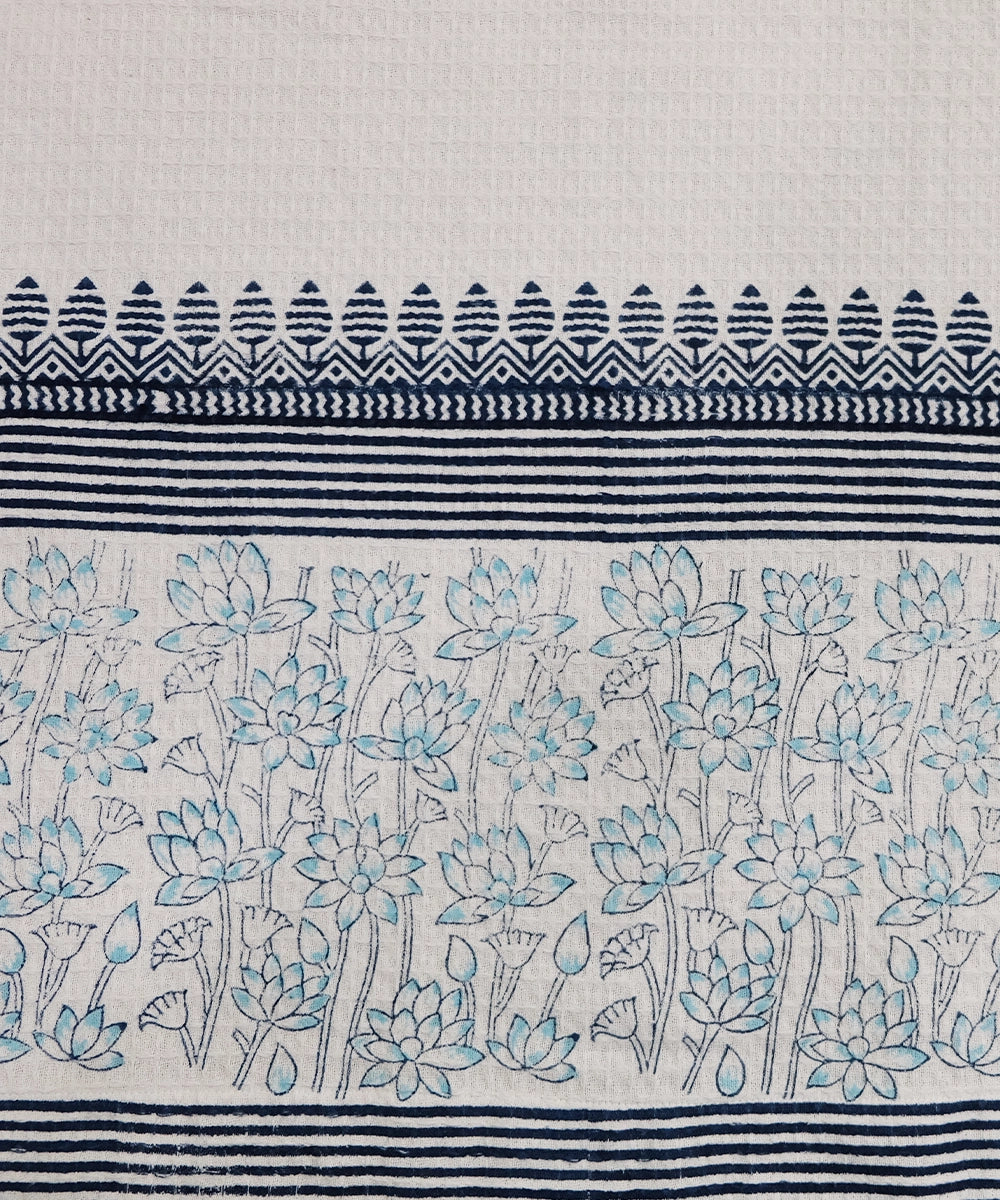 White & Indigo Lotus Hand Block Printed Cotton Honey Comb Bath Towel (34" x 58")