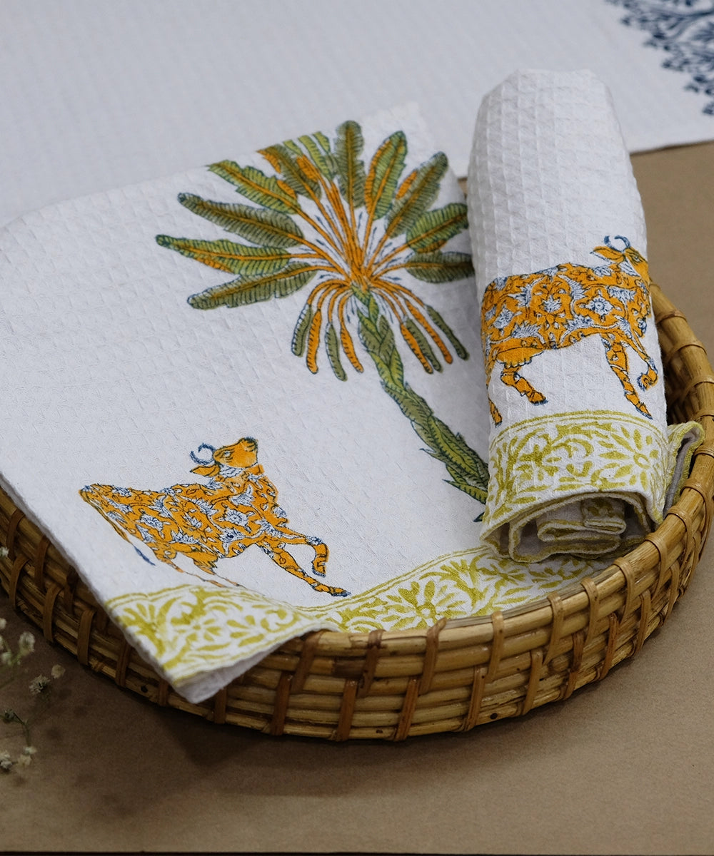 Set of 2 pcs Block Printed Hand Towel | White & Green Palm & Cow | Cotton Honeycomb