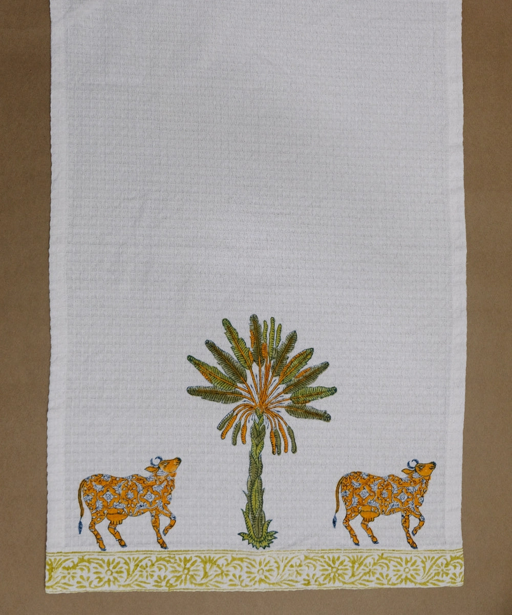 Set of 2 pcs Block Printed Hand Towel | White & Green Palm & Cow | Cotton Honeycomb