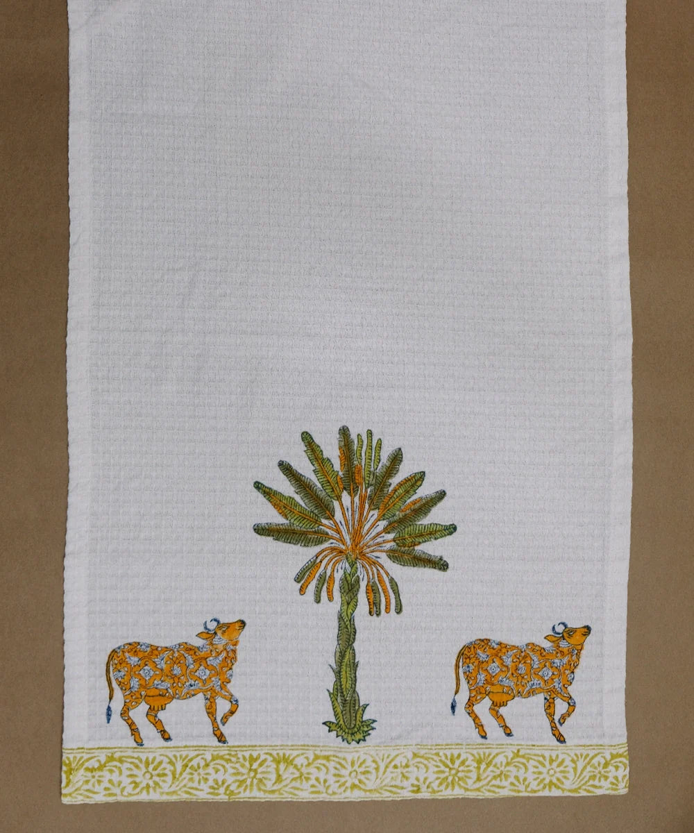 Block Printed 1 Pc Bath and 2 Pcs Hand Towel Set | White & Green Palm & Cow | Cotton Honeycomb