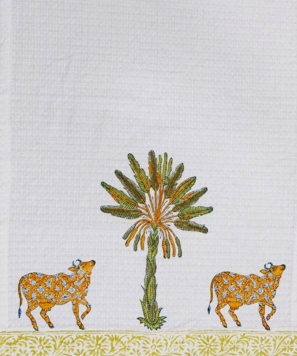 Set of 2 pcs Block Printed Hand Towel | White & Green Palm & Cow | Cotton Honeycomb